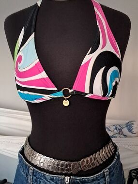 Women’s Multi-Color Halter Bikini Top with Ring Accent